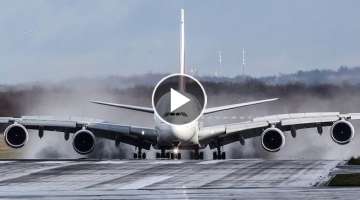BOEING 777 BIRDSTRIKE at Amsterdam + AIRBUS A380 LANDING on a wet runway (4K)